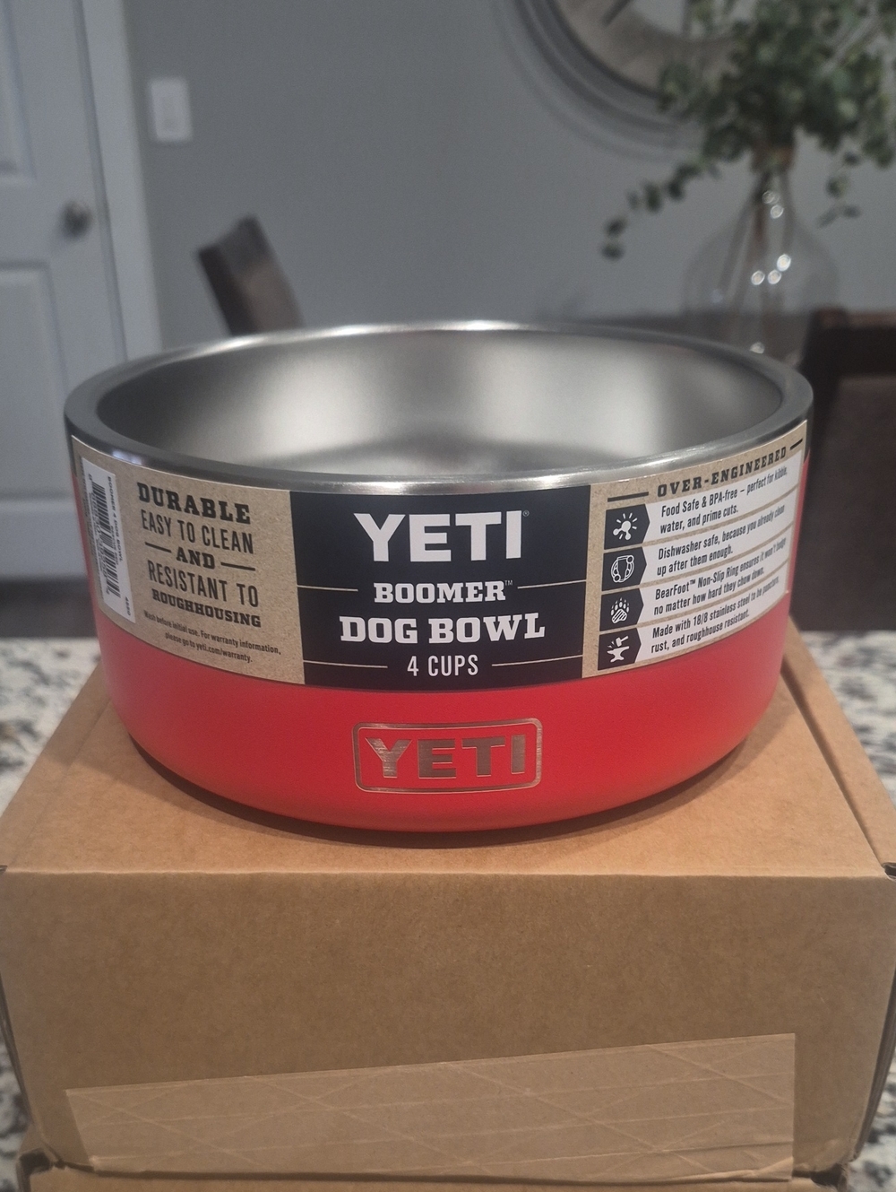 Yeti Boomer Dog Bowl — Red Exterior with Silver Interior